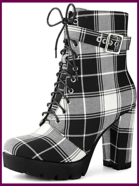 Shoes - Plaid Combat Ankle Boots with Chunky Heel and Platform
